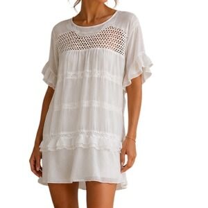 Unbranded Women White Crochet Lace Tiered Ruffle Blouse Medium‎ Boho Sheer Top